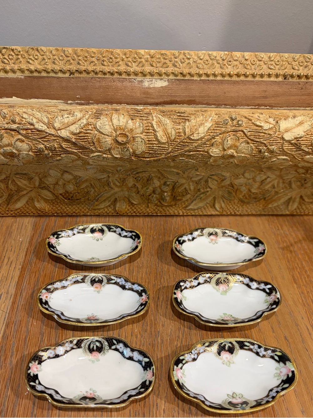 Antique Hand Painted Nippon Maple Leaf Salt Cellars Dishes Set of 6 Black Gold